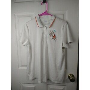 Lands End Woman L Polo 1/4 Button Ivory Bird Graphic Mature SS Pullover Casual